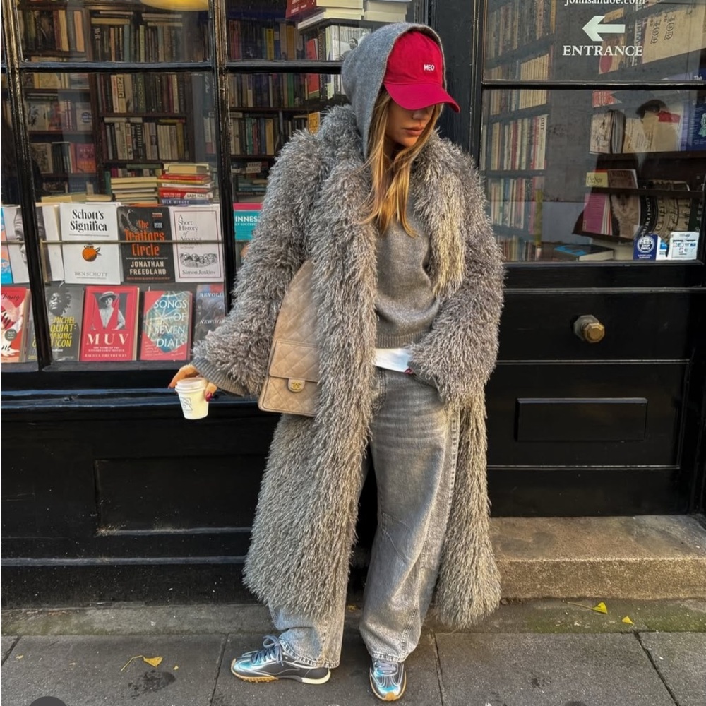 SOURCE UNKNOWN FAUX MONGOLIAN FUR LONG BELTED PLUSH COAT SAGE grey O/S XS S M * - Picture 1 of 7